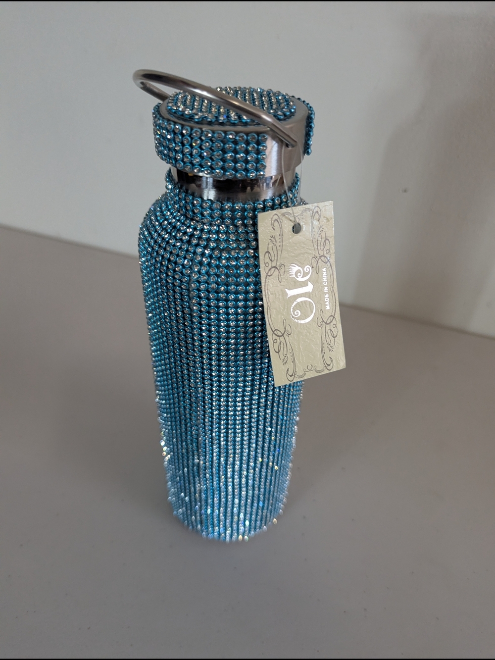 Blue Rhinestone Bling Stainless Steel Water Bottle 750ml Crystal Covered Tumbler